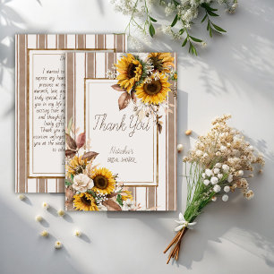 Fall in love sunflowers brown stripe bridal shower thank you card