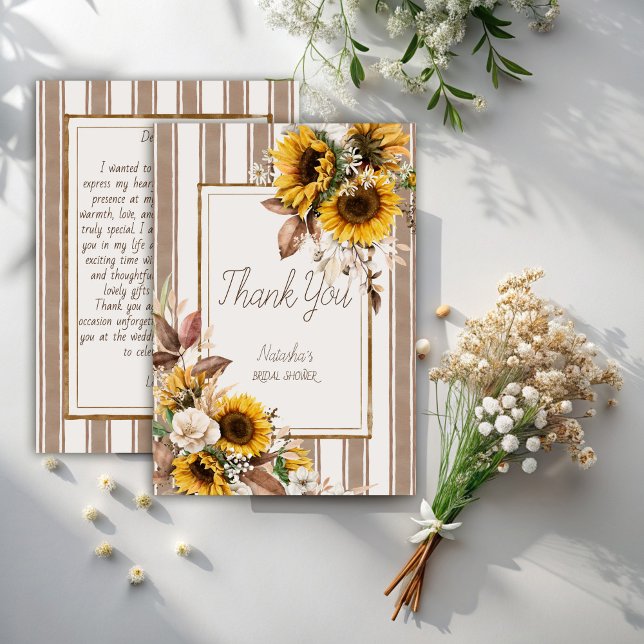 Fall in love sunflowers brown stripe bridal shower thank you card (Fall in love sunflowers brown stripes bridal shower thank you cards modern stripped terracotta)