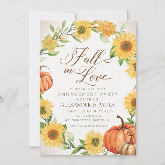 Fall in Love Sunflowers & Pumpkins fall engagement Invitation (Front)