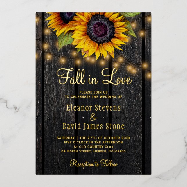 Fall in Love sunflowers rustic wedding gold script (Front)