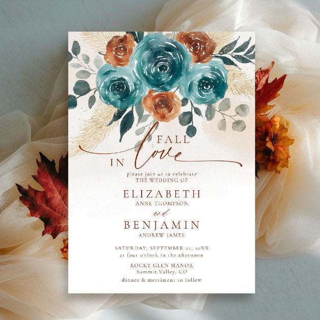 Fall in Love Teal Burnt Orange Boho Floral Wedding Invitation (fall in love wedding invitation teal burnt orange terracotta watercolor floral botanical earthy chic)