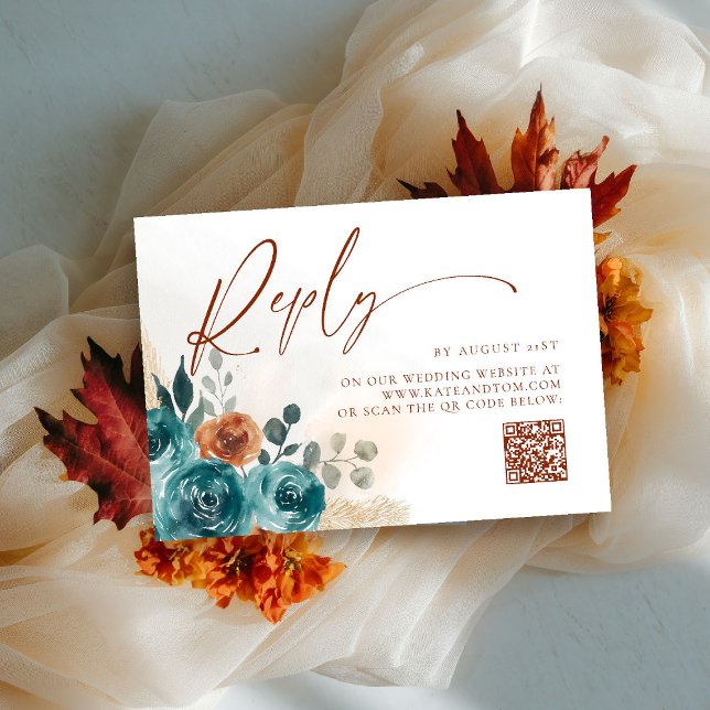 Fall in Love Teal Burnt Orange Boho QR Reply Card (fall in love wedding reply rsvp teal burnt orange terracotta watercolor floral botanical earthy chic)