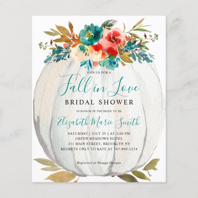 Fall in Love Teal Floral Pumpkin Bridal Shower (Front)