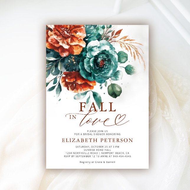 Fall in Love Teal Terracotta Boho Bridal Shower Invitation (fall in love bridal shower invitation teal burnt orange terracotta watercolor floral pampas boho)