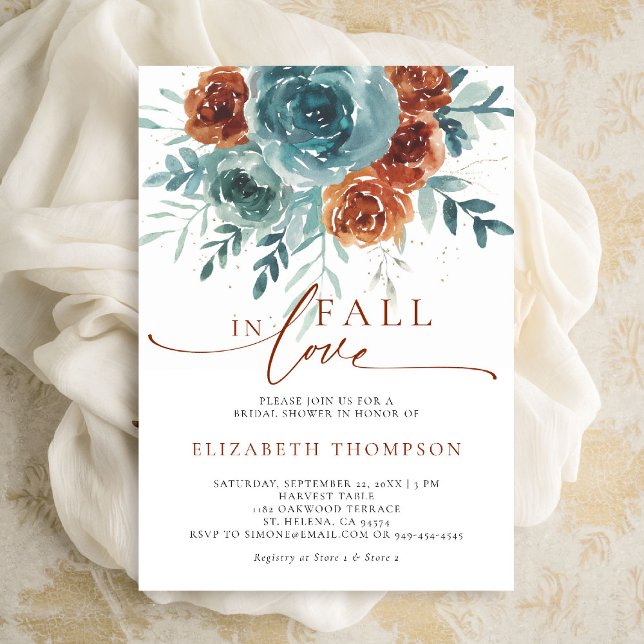 Fall in Love Teal Terracotta Boho Bridal Shower Invitation (fall in love bridal shower invitation teal burnt orange terracotta watercolor floral botanical class)