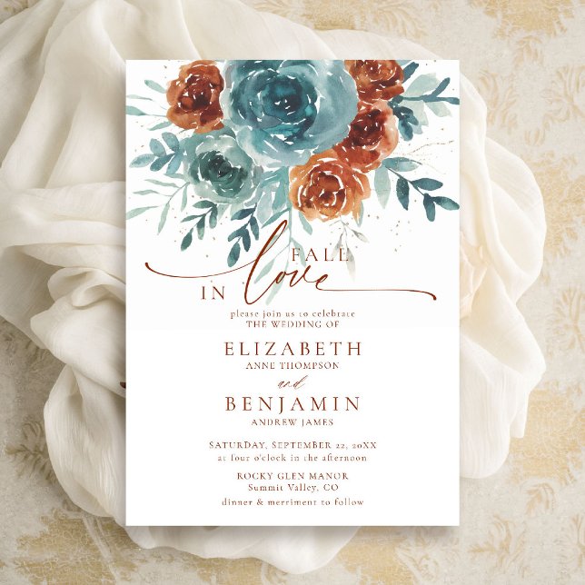 Fall in Love Teal Terracotta Boho Floral Wedding Invitation (fall in love wedding invitation teal burnt orange terracotta watercolor floral botanical earthy chic)