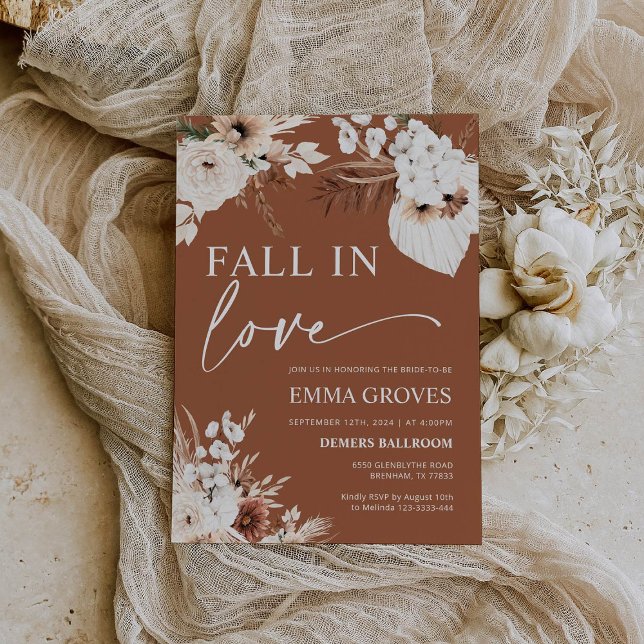 Fall in Love Terracotta Boho Pampas Bridal Shower  Invitation (Creator Uploaded)