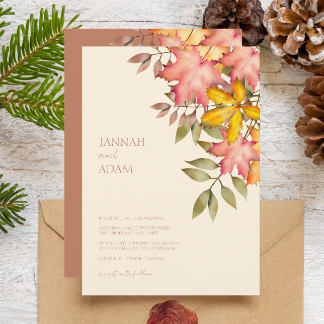 Fall in Love Terracotta Fall Autumn Leaves Wedding Invitation (Creator Uploaded)