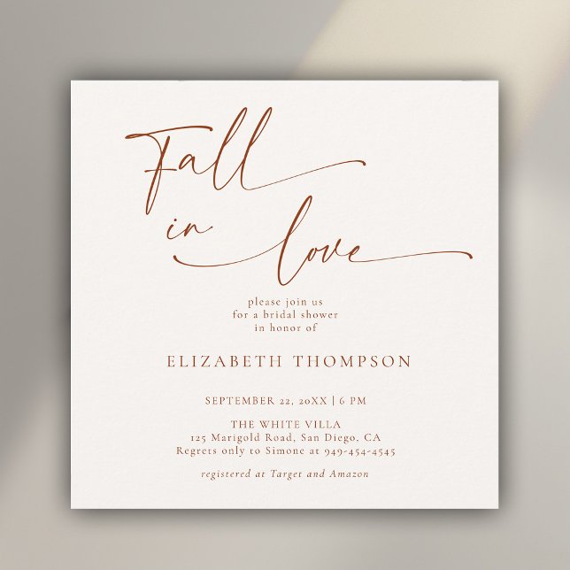 Fall in Love Terracotta Minimalist Bridal Shower Invitation (fall in love bridal shower invitation modern minimalist calligraphy typography terracotta)