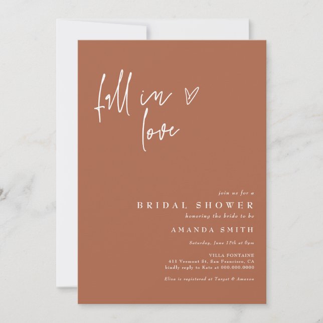 Fall In Love Terracotta Minimalist Bridal Shower Invitation (Front)