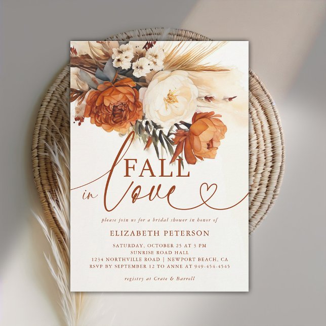 Fall in Love Terracotta Pampas Boho Bridal Shower Invitation (fall in love bridal shower invitation boho pampas floral botanical terracotta burnt orange)