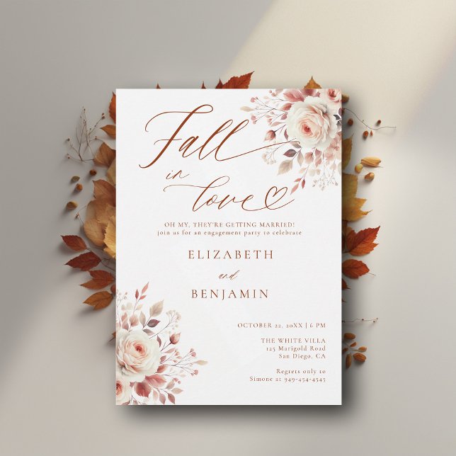Fall in Love Terracotta Roses Engagement Party Invitation (fall engagement party invitation rustic rose foliage floral botanical frame elegant modern backyard )
