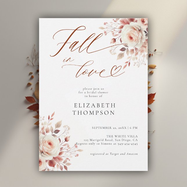 Fall in Love Terracotta Roses Rustic Bridal Shower Invitation (fall in love bridal shower invitation rose botanical foliage leaf watercolor elegant modern rustic)