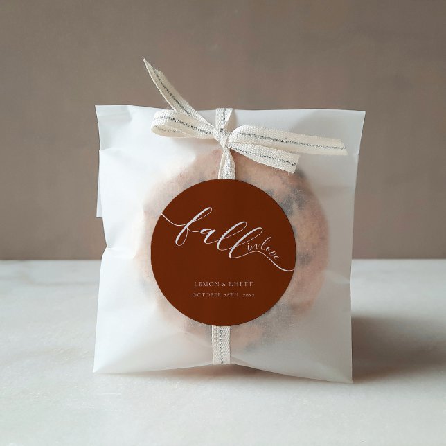 Fall In Love Terracotta Script Wedding Favour Classic Round Sticker (Creator Uploaded)