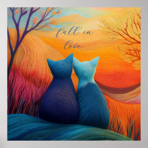 Fall in love, two woollen cats and Autumn landscap Poster