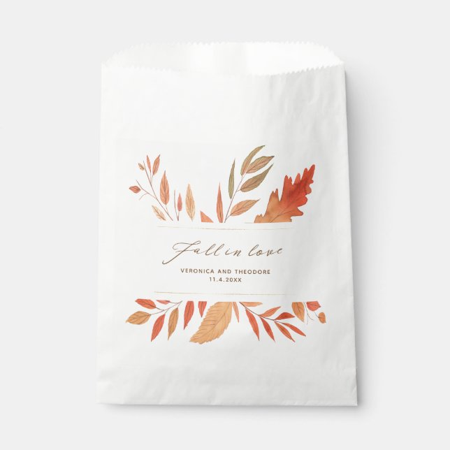 Fall In Love Watercolor Autumn Leaves Wedding Favour Bag (Front)