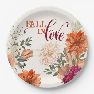 Fall in love watercolor floral fall Bridal Shower Paper Plate