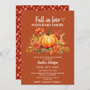 Fall in love watercolor floral pumpkin baby shower invitation