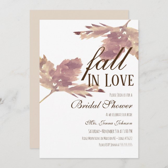 Fall In Love Watercolor Leaf Bridal Shower Invitation (Front/Back)