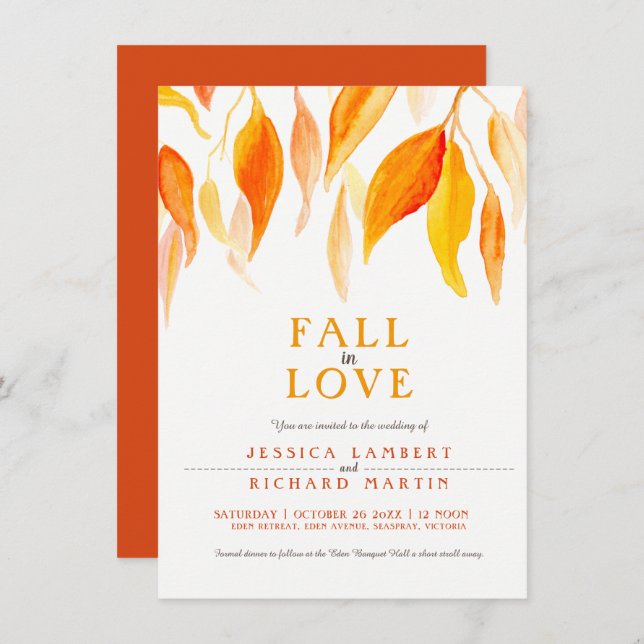 Fall in love watercolor orange leaves wedding invitation (Front/Back)