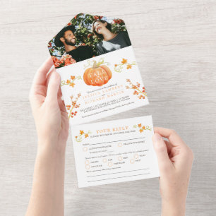 Fall in love watercolor pumpkin autumnal wedding all in one invitation