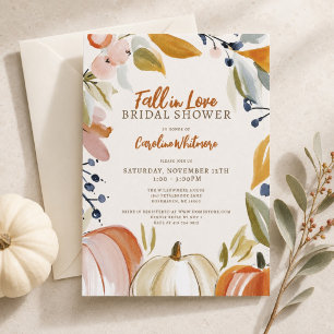 Fall In Love Watercolor Pumpkin Bridal Shower Invitation