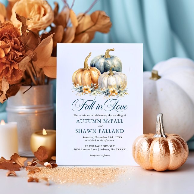 Fall in Love Wedding Gold Blue Pumpkins Autumn Invitation (Fall in Love Wedding Gold Blue Pumpkins Autumn Invitation)