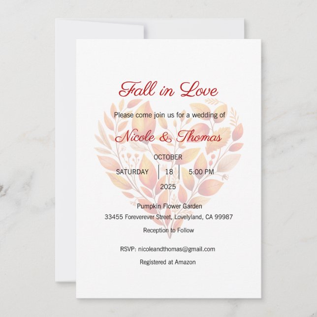 Fall in Love Wedding, Reception, Ceremony Invitation (Front)
