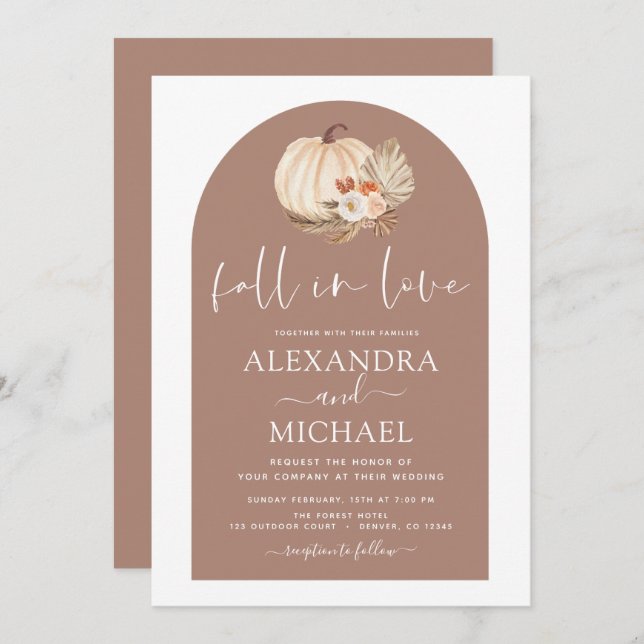 Fall in Love Wedding White Pumpkin Terracotta Invitation (Front/Back)