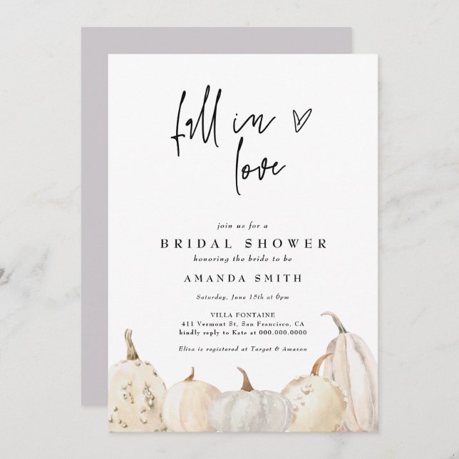 Fall In Love White Pumpkin Autumn Bridal Shower Invitation (Front/Back)
