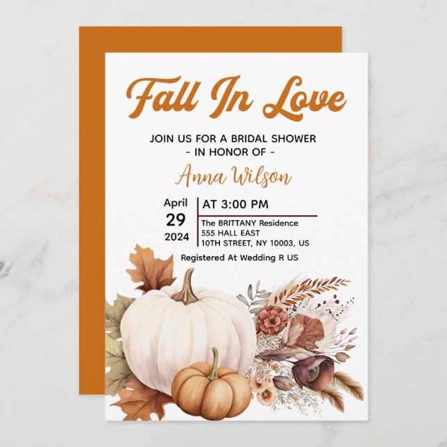 fall in love white pumpkin pampas bridal shower  invitation (Front/Back)
