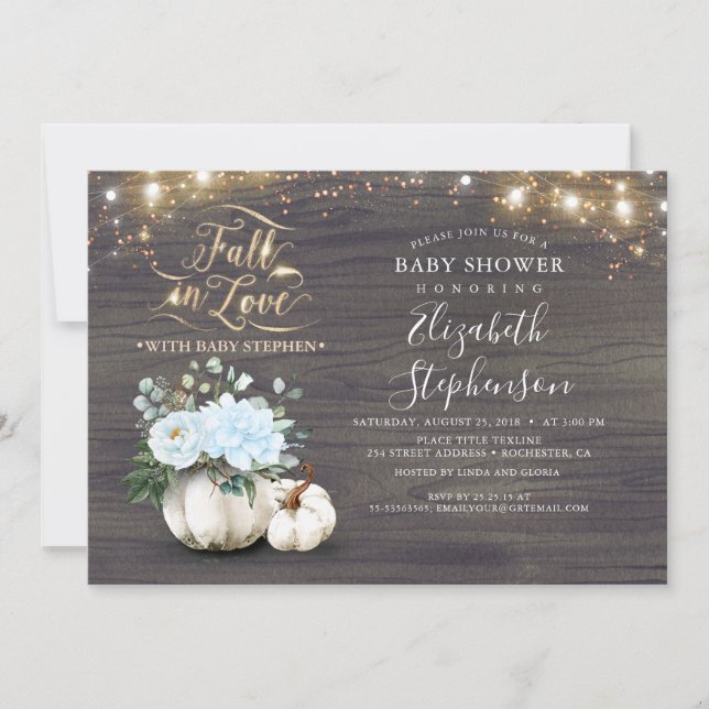 Fall in Love White Pumpkin Rustic Baby Shower Invi Invitation (Front)