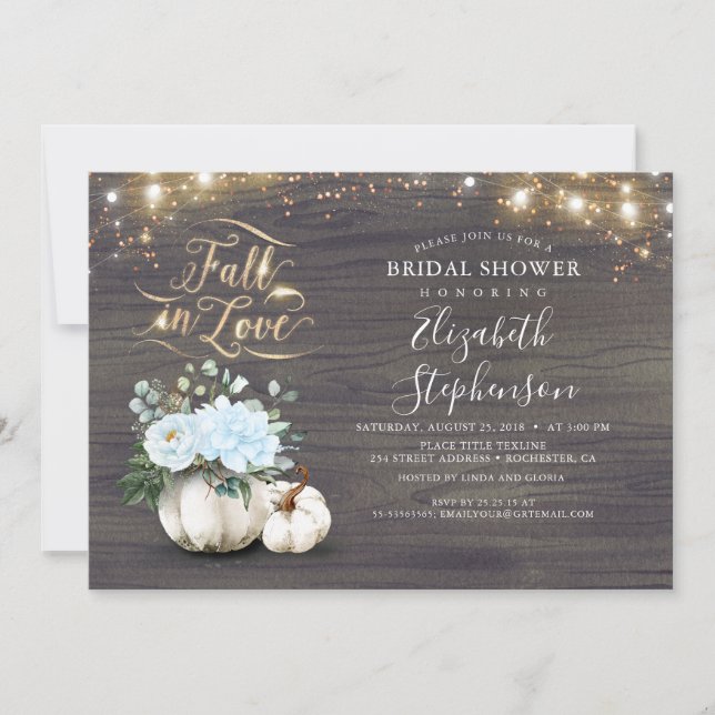 Fall in Love White Pumpkin Rustic Bridal Shower In Invitation (Front)
