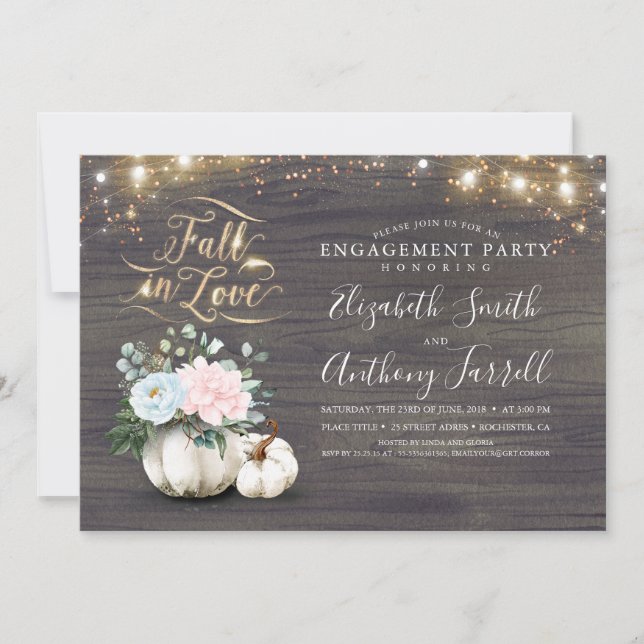Fall in Love White Pumpkin Rustic Engagement Party Invitation (Front)