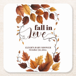 Fall In Love With Autumn Leaves Baby Shower Square Paper Coaster