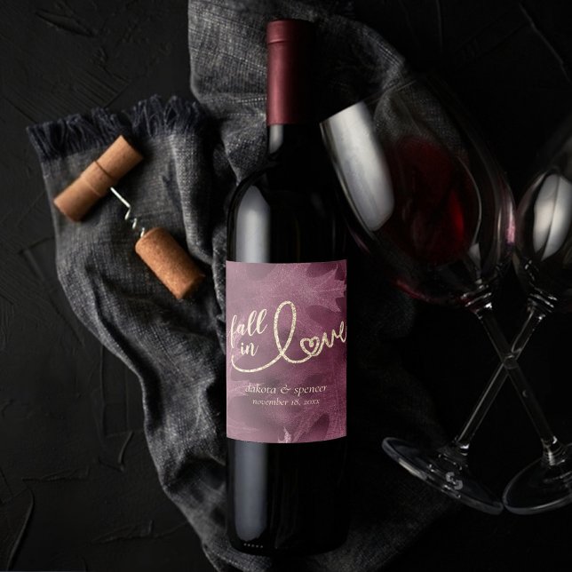 Fall in Love with Autumn | Mulberry Gold Wedding Wine Label (Creator Uploaded)