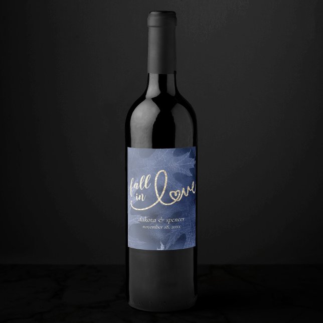 Fall in Love with Autumn | Navy Blue Gold Wedding Wine Label (Creator Uploaded)