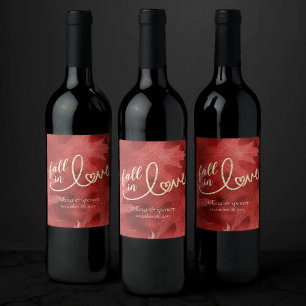 Fall in Love with Autumn   Red and Gold Wedding Wine Label