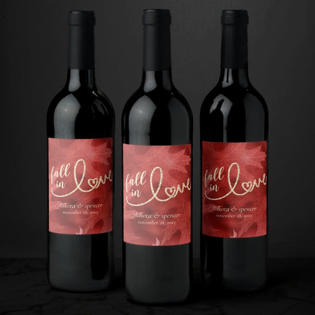 Fall in Love with Autumn | Red and Gold Wedding Wine Label (Creator Uploaded)