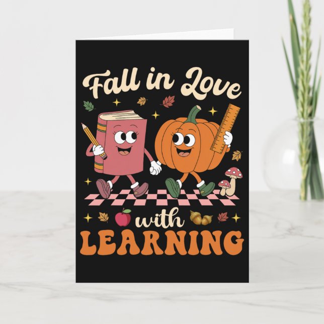 Fall In Love With Learning Retro Halloween Teacher Card (Front)