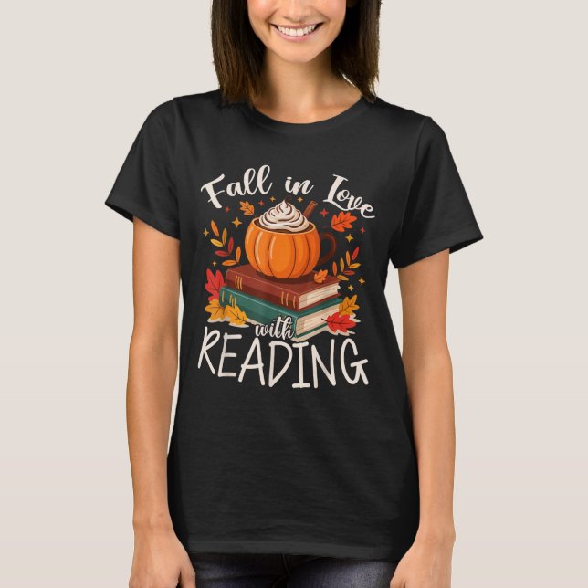 Fall In Love With Reading Autumn Librarian Cute Bo T-Shirt (Front)