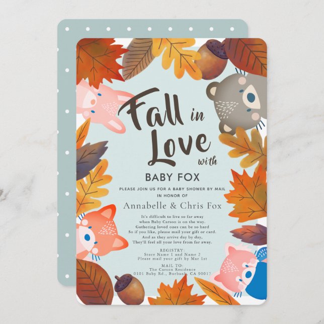 Fall in Love Woodland Animals Blue Shower by Mail Invitation (Front/Back)