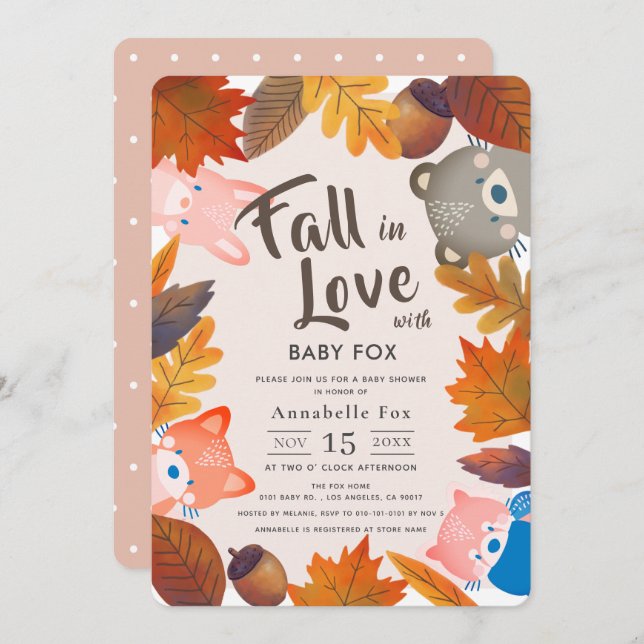 Fall in Love Woodland Animals Pink Baby Shower Invitation (Front/Back)