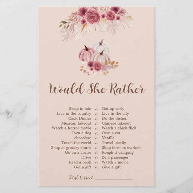 Fall In love Would She Rather Bridal Shower Game (Front)