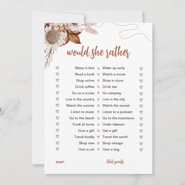 Fall in love | Would She Rather Bridal Shower Game Invitation (Front)