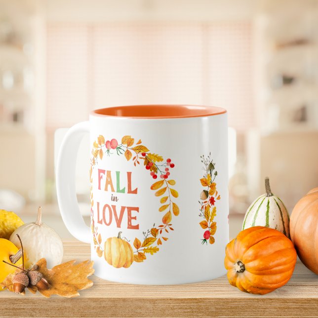 Fall in Love Wreath Autumn Leaves Pumpkin Two-Tone Coffee Mug (Fall in Love Wreath Autumn Leaves Pumpkin Two-Tone Coffee Mug)