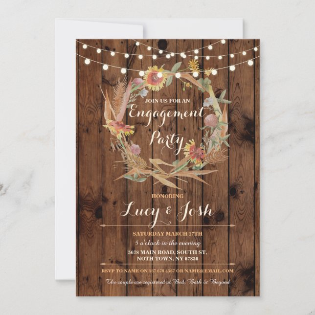 Fall in Love Wreath Engagement Party Wood Invite (Front)