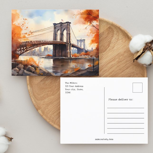Fall in NY / Watercolor Brooklyn Bridge Postcard (Fall in NY / Watercolor Brooklyn Bridge Postcard)