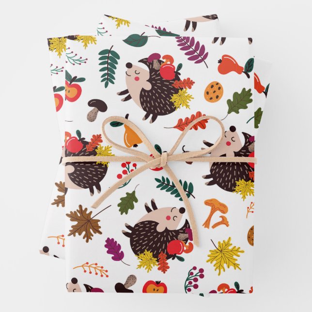 Fall in the Forest Cute Hedgehog with Fruit Wrapping Paper Sheet (In situ)