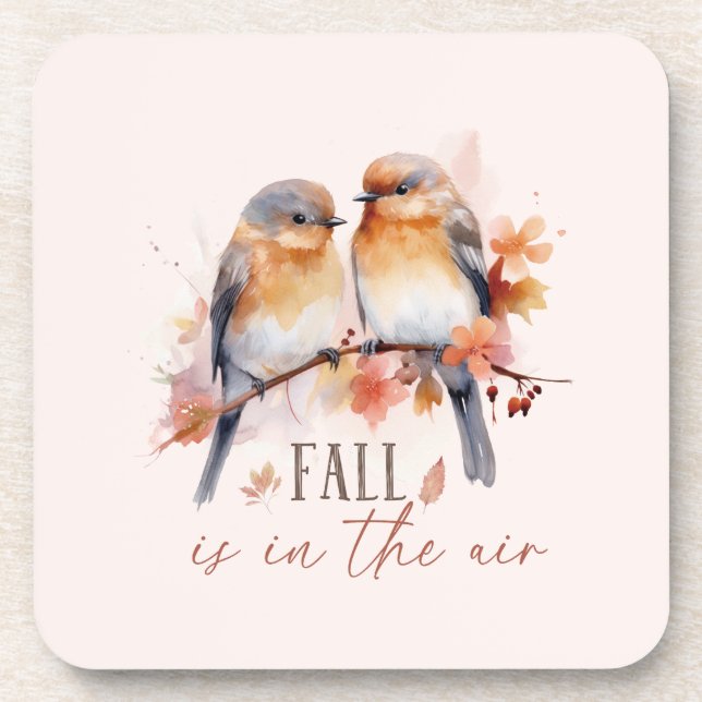 Fall Is In The Air – Cute Birds & Autumn Leaves Coaster (Front)